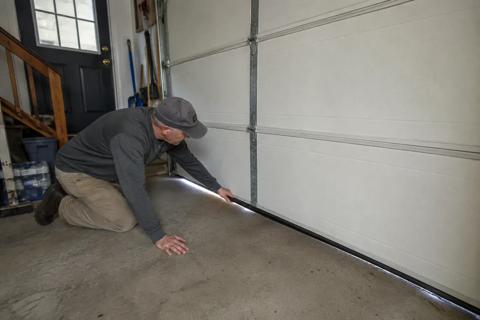 A person kneels beside the black bottom seal of a garage door, with daylight visible beneath the edge. — Garage Door Bottom Seal Replacement, Hamilton