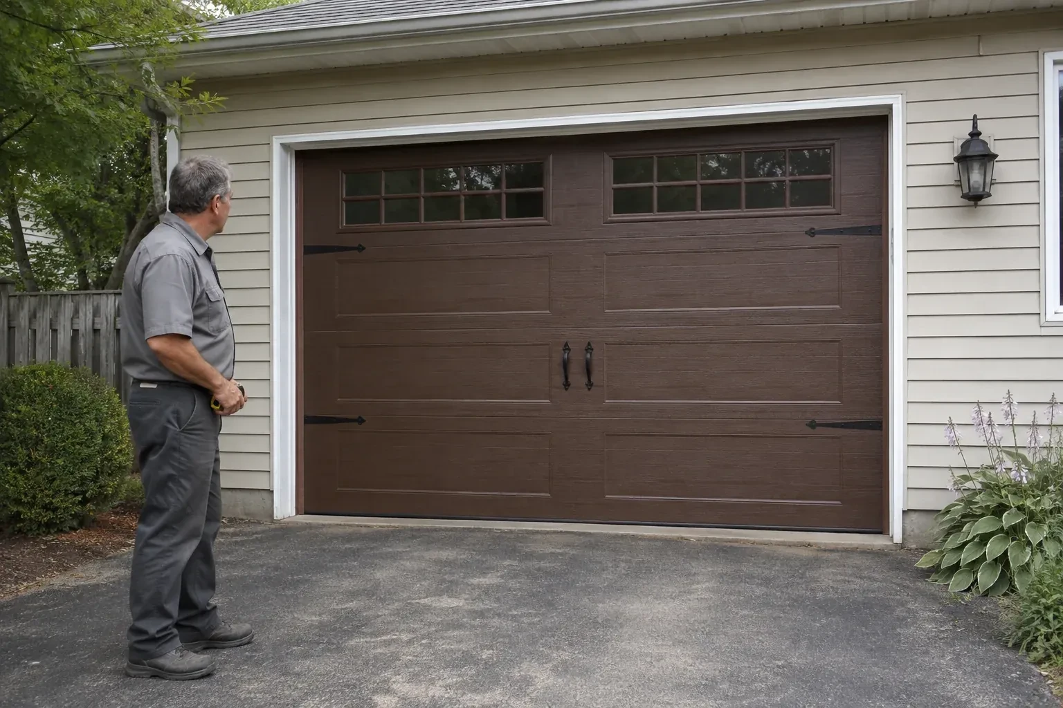 A person stands beside a closed brown garage door with upper windows and black decorative straps and handles. — Carriage-House Garage Door Installation, Hamilton