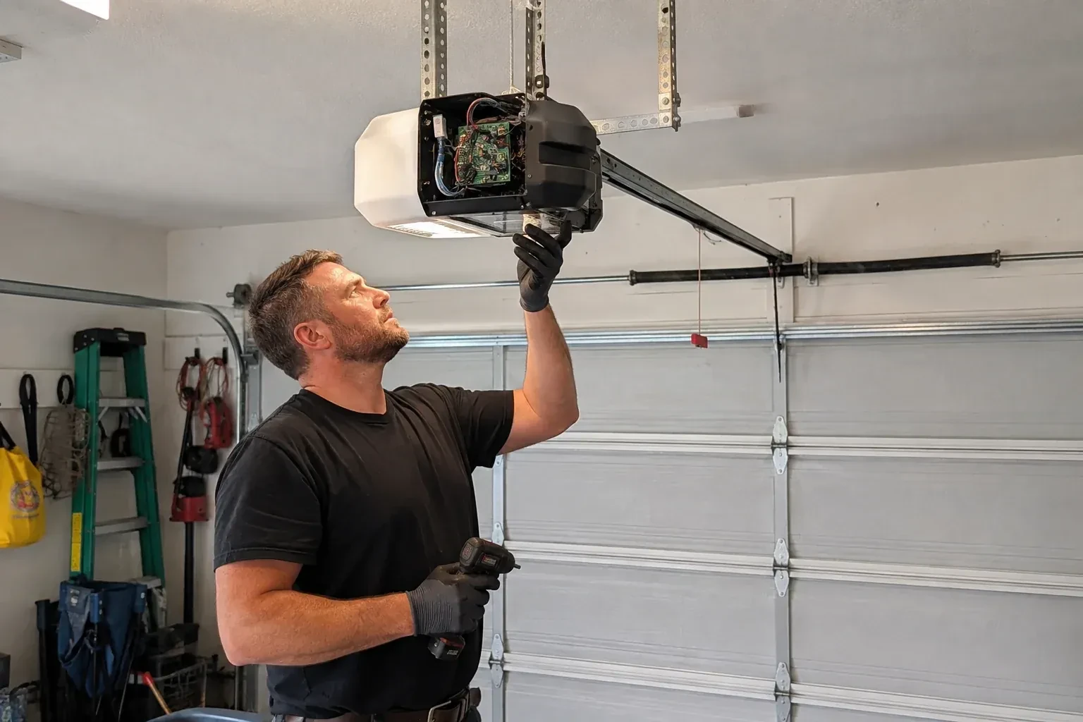 Gloved technician holding a drill and reaching up to an opener housing opened to show a green circuit board. — Belt-Drive Opener Repair, Hamilton