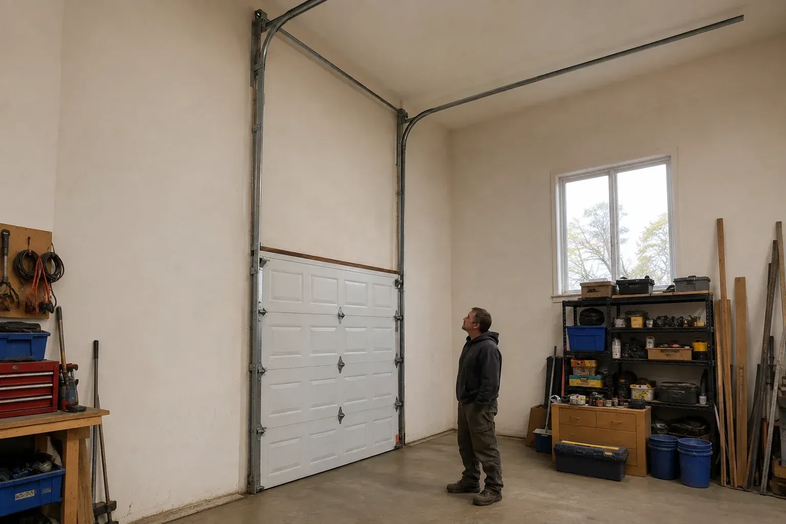 Vertical tracks extend above a closed garage door before curving near a high ceiling, while a person looks upward. — High-Lift Garage Door Conversion, Hamilton