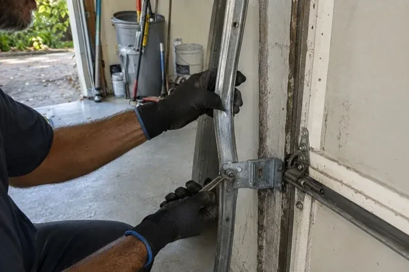 Gloved hands holding a vertical garage-door track and a wrench at its mounting bracket beside a door hinge. — Garage Door Track Repair or Replacement, Hamilton