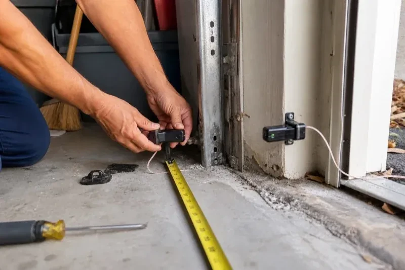 Hands holding a small wired device beside another mounted device and a tape measure at a garage-door opening — Photo-Eye Sensor Alignment or Replacement, Hamilton