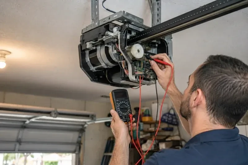 Person holding a multimeter and a red probe near the exposed circuit board of an overhead garage-door opener. — Garage Door Opener Diagnosis and Repair, Hamilton