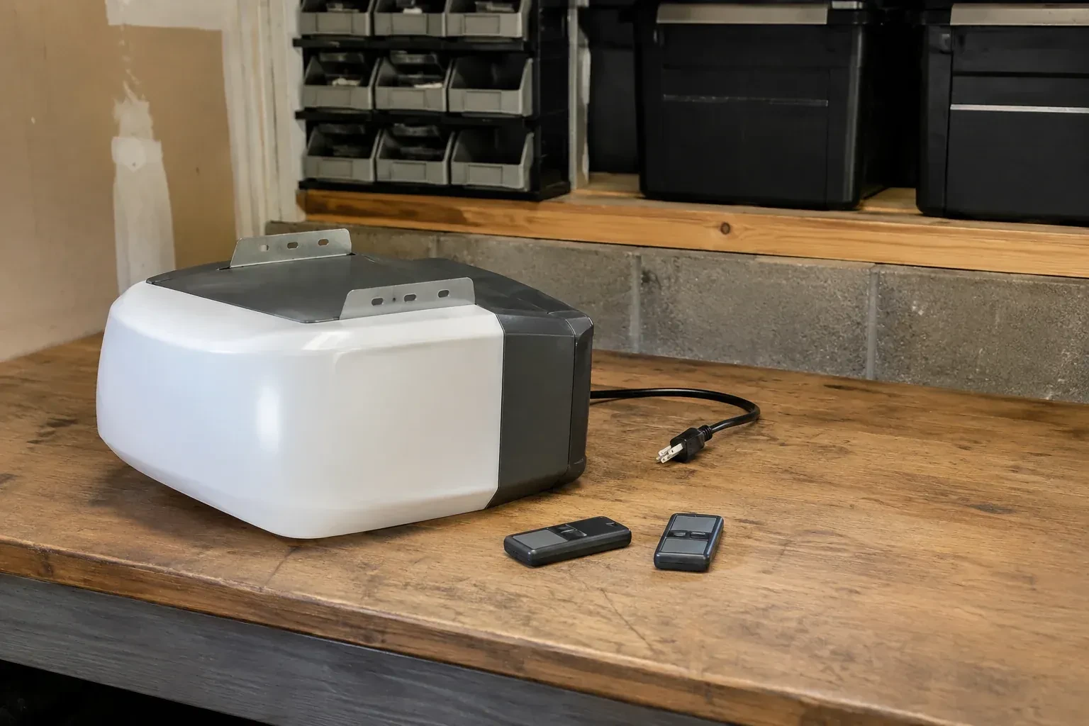Detached opener housing and two remotes on a garage bench. — Garage Door Opener Replacement, Troy