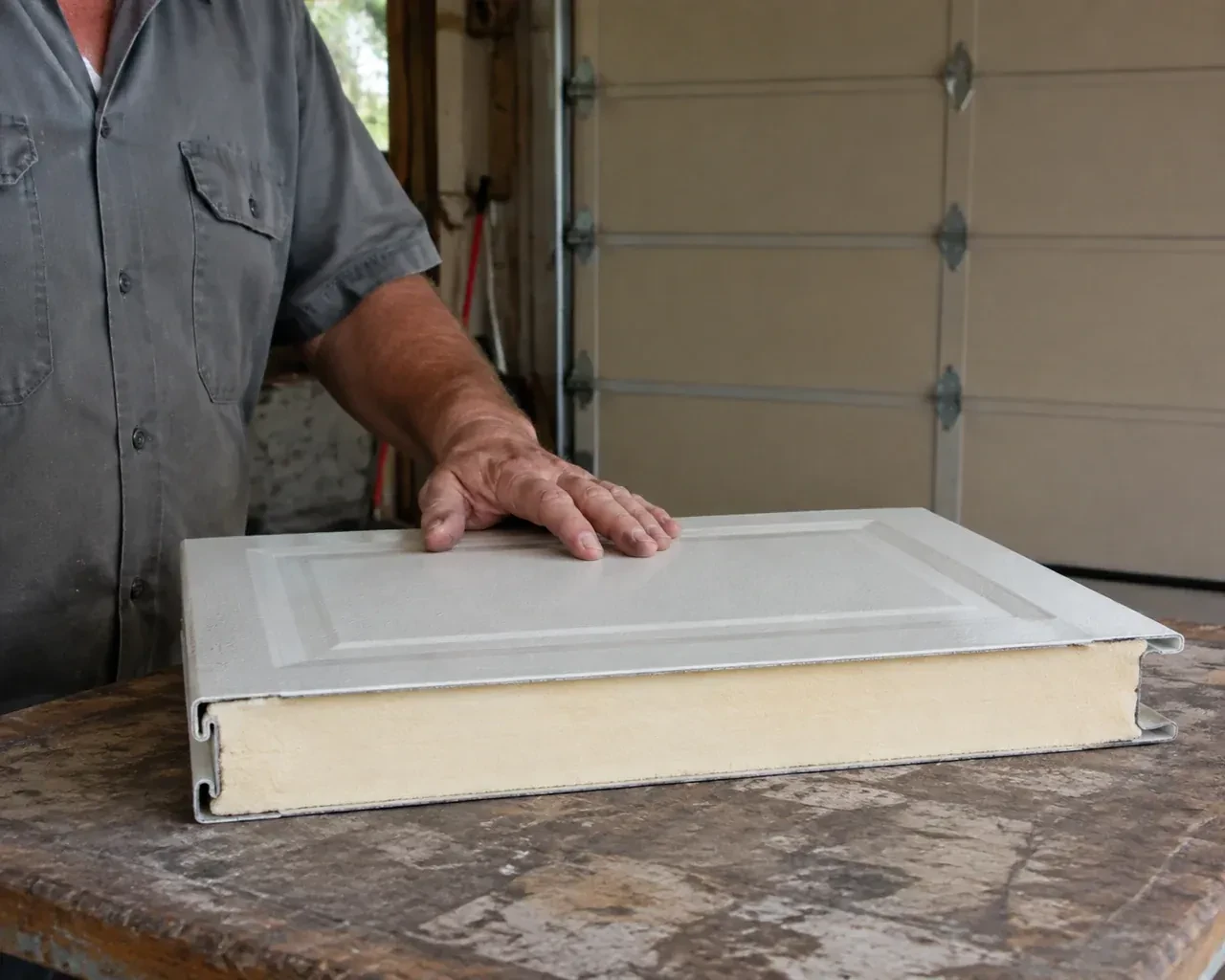 A panel sample exposes a cream foam core between thin metal faces on a garage workbench. — Insulated Steel Garage Door Installation, Hamilton
