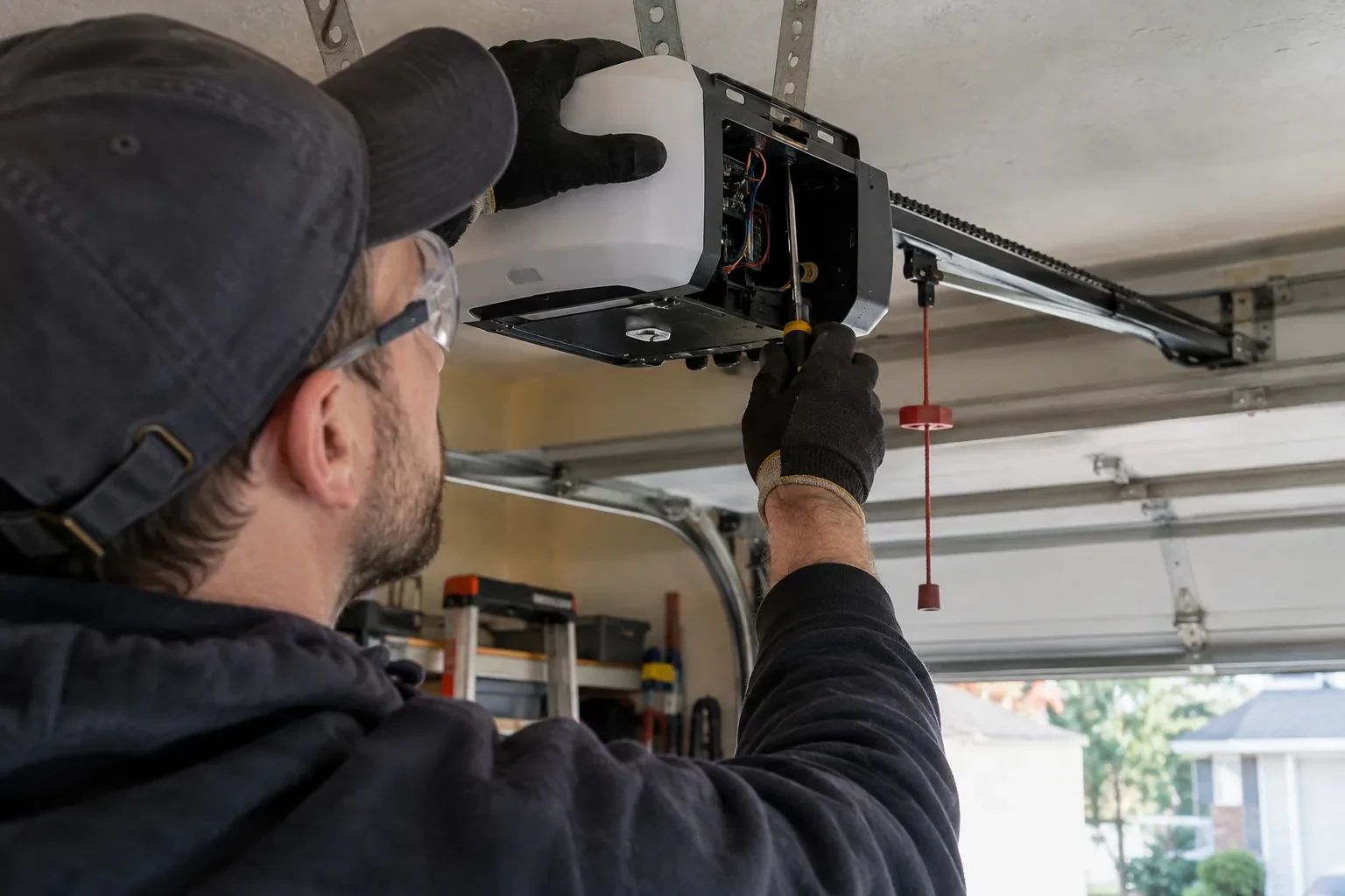 Technician in a cap holding a screwdriver inside an open garage-door opener housing, with a red pull cord hanging beside it. — Troy