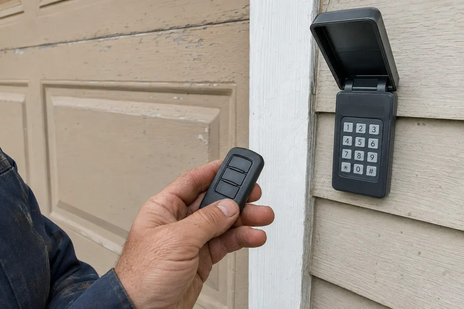 A hand holds a three-button remote beside an exterior garage keypad with its cover open. — Garage Door Remote and Keypad Programming, Hamilton