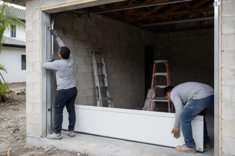 Two people positioning a white garage-door panel and side track in an unfinished masonry garage. — New-Construction Garage Door Installation, Hamilton