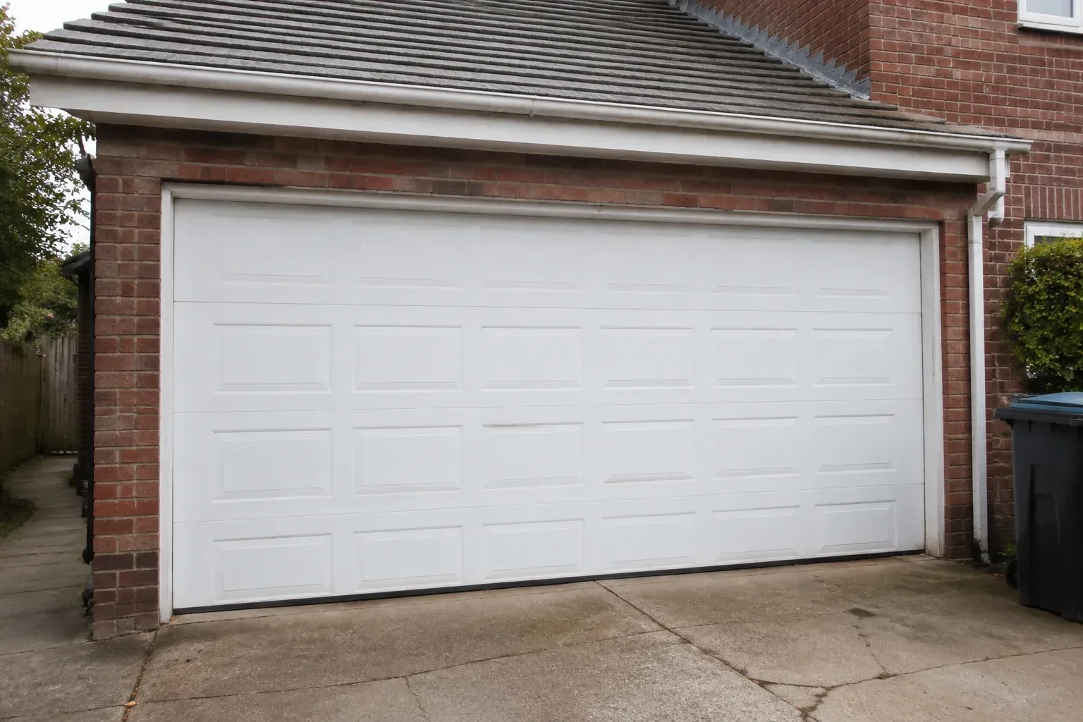 Closed white sectional garage door at an ordinary brick house. — Sectional Garage Door Replacement, Hamilton